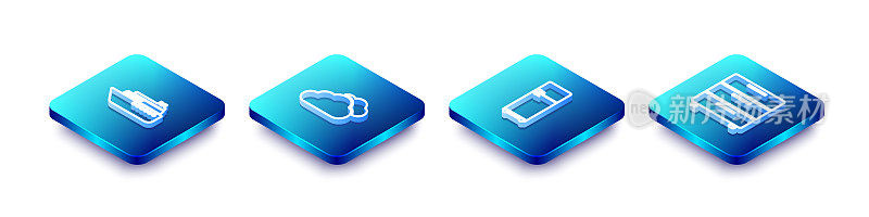 Set Isometric line Ship, Cloud, Refrigerator and Furniture nightstand icon. Vector